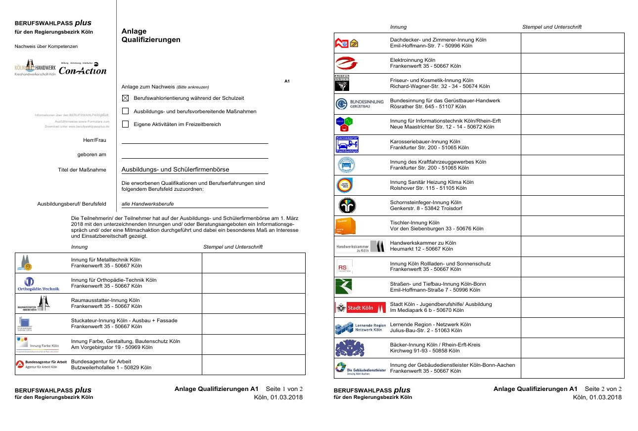 Nachweis für den BerufswahlpassPlus als Laufzettel für die Ausbildungs- und Schülerfirmenbörse als pdf-Datei