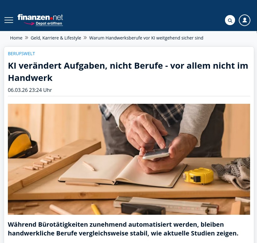 KI verändert Aufgaben, nicht Berufe - vor allem nicht im Handwerk - Finanzen.net - 06.03.26 - 23:24 Uhr