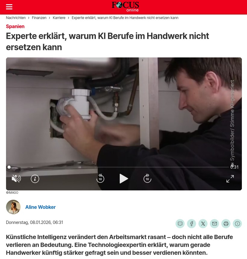 Experte erklärt, warum KI Berufe im Handwerk nicht ersetzen kann Focus-online - Donnerstag, 08.01.2026 - 06:31